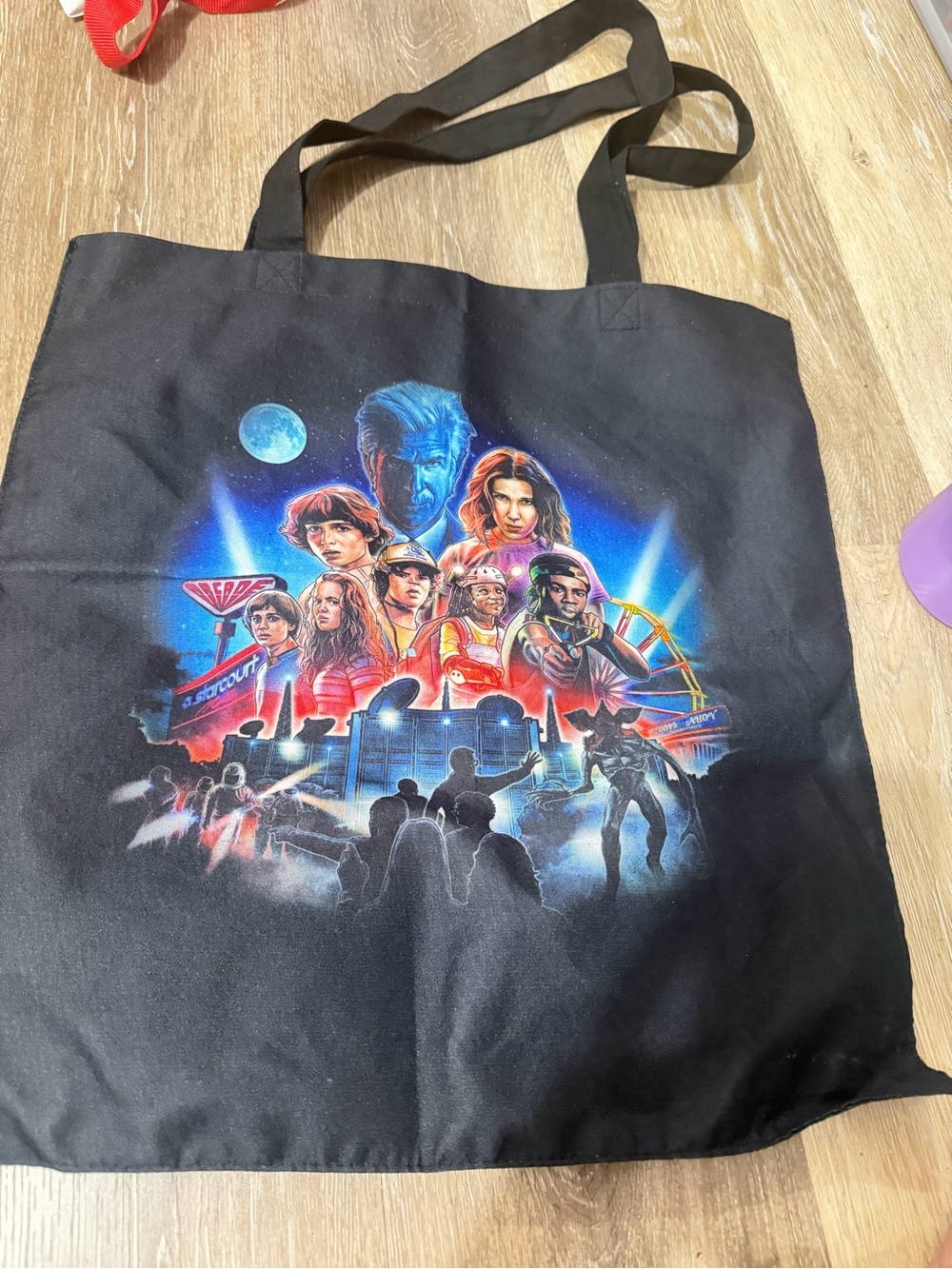 Black Graphic stranger things experience Cotton Tote Bag with Retro Sci‑Fi Print